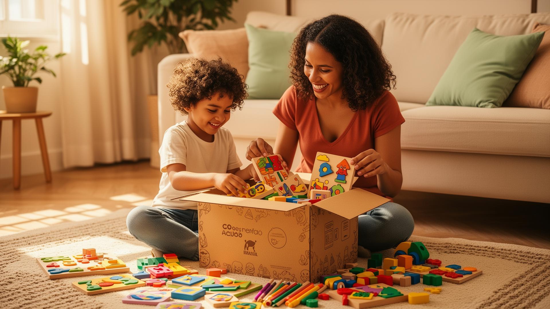 Mãe e filho abrindo uma Memory Box com brinquedos educativos